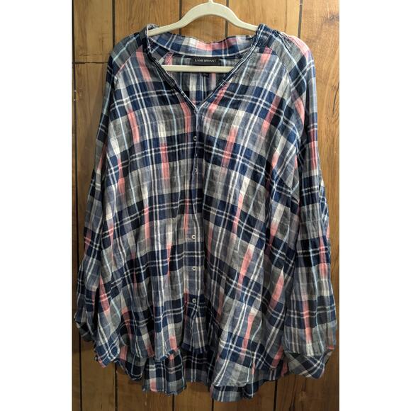 Lane Bryant Top Shirt Blouse Plus Size 26/28 Plaid Pink Blue Black White Button - Picture 1 of 6